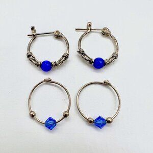 2 Pair Vintage Silver Tone Hoop Earrings Blue Beads Wire Wrap Lightweight